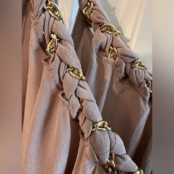 FOUNTYS Anthropologie 100% Silk Taupe Camel Gold Embellished Strap Tank Sz SM - Picture 5 of 10